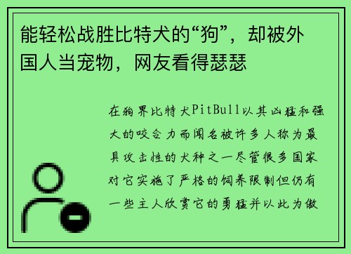 能轻松战胜比特犬的“狗”，却被外国人当宠物，网友看得瑟瑟