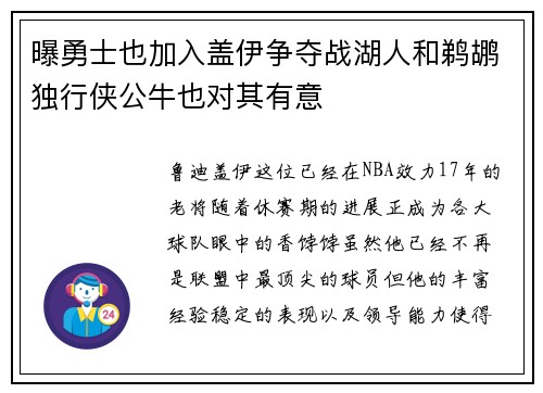 曝勇士也加入盖伊争夺战湖人和鹈鹕独行侠公牛也对其有意