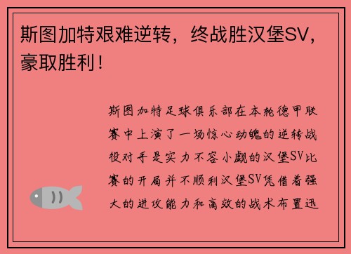 斯图加特艰难逆转，终战胜汉堡SV，豪取胜利！