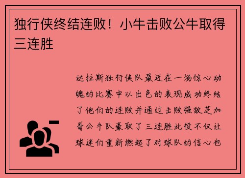 独行侠终结连败！小牛击败公牛取得三连胜