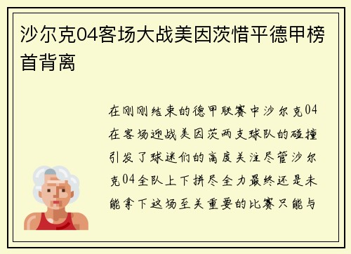 沙尔克04客场大战美因茨惜平德甲榜首背离