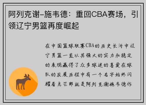 阿列克谢-施韦德：重回CBA赛场，引领辽宁男篮再度崛起