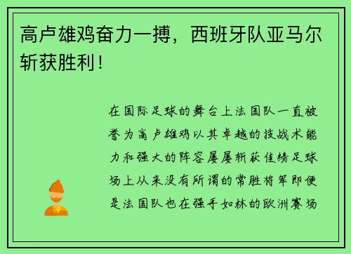 高卢雄鸡奋力一搏，西班牙队亚马尔斩获胜利！