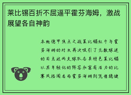 莱比锡百折不屈逼平霍芬海姆，激战展望各自神韵