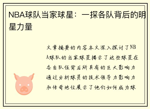 NBA球队当家球星：一探各队背后的明星力量