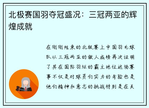 北极赛国羽夺冠盛况：三冠两亚的辉煌成就