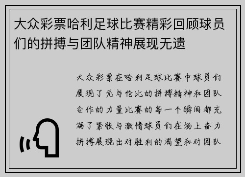 大众彩票哈利足球比赛精彩回顾球员们的拼搏与团队精神展现无遗