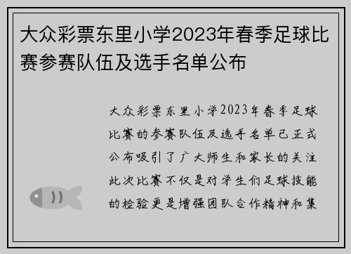 大众彩票东里小学2023年春季足球比赛参赛队伍及选手名单公布